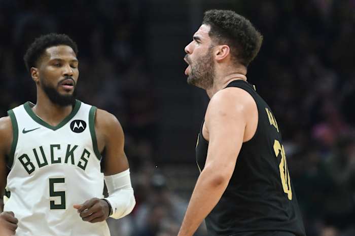Cleveland Cavaliers forward Georges Niang (20) celebrates after hitting a three point basket during the first half against the Milwaukee Buck